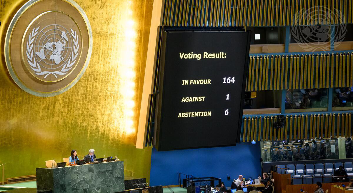 The General Assembly votes on a resolution ""Correct the map": rebalancing global cartographic representation and promoting equitable representation of the world's regions, particularly Africa" during the 114th plenary meeting of the General Assembly. The Resolution was adopted with 164 votes in favour, 1 against, and 6 abstentions.